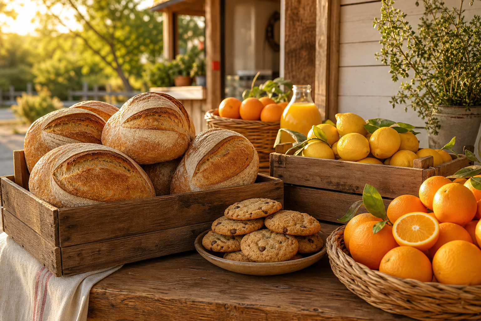Rustic farm stand table with fresh sourdough loaves, cookies, and baskets of citrus under warm afternoon light