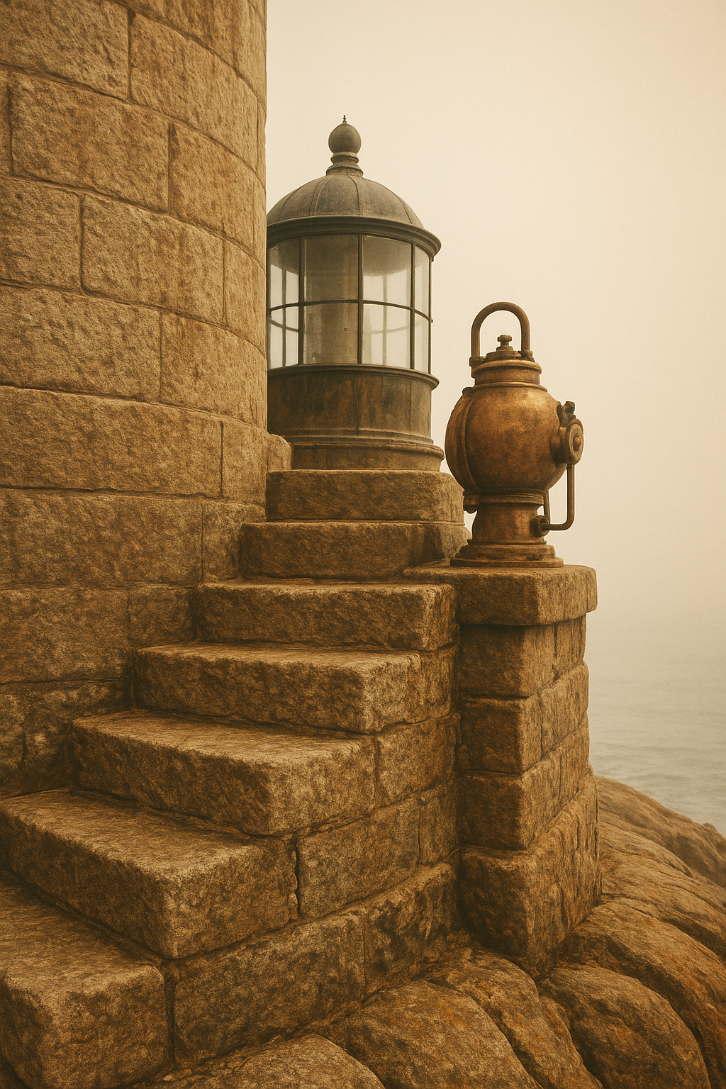 Archival-style close-up of weathered lighthouse stone steps and lantern-room brass fittings near a misty shoreline