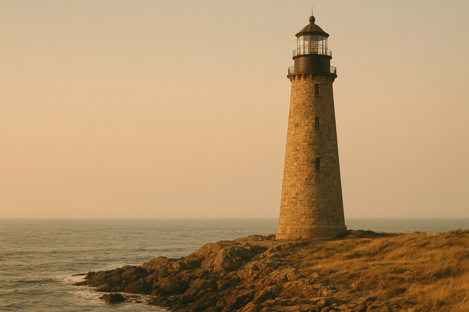 Northern coastal lighthouse in warm filmic light with sea haze, weathered masonry, and shoreline context