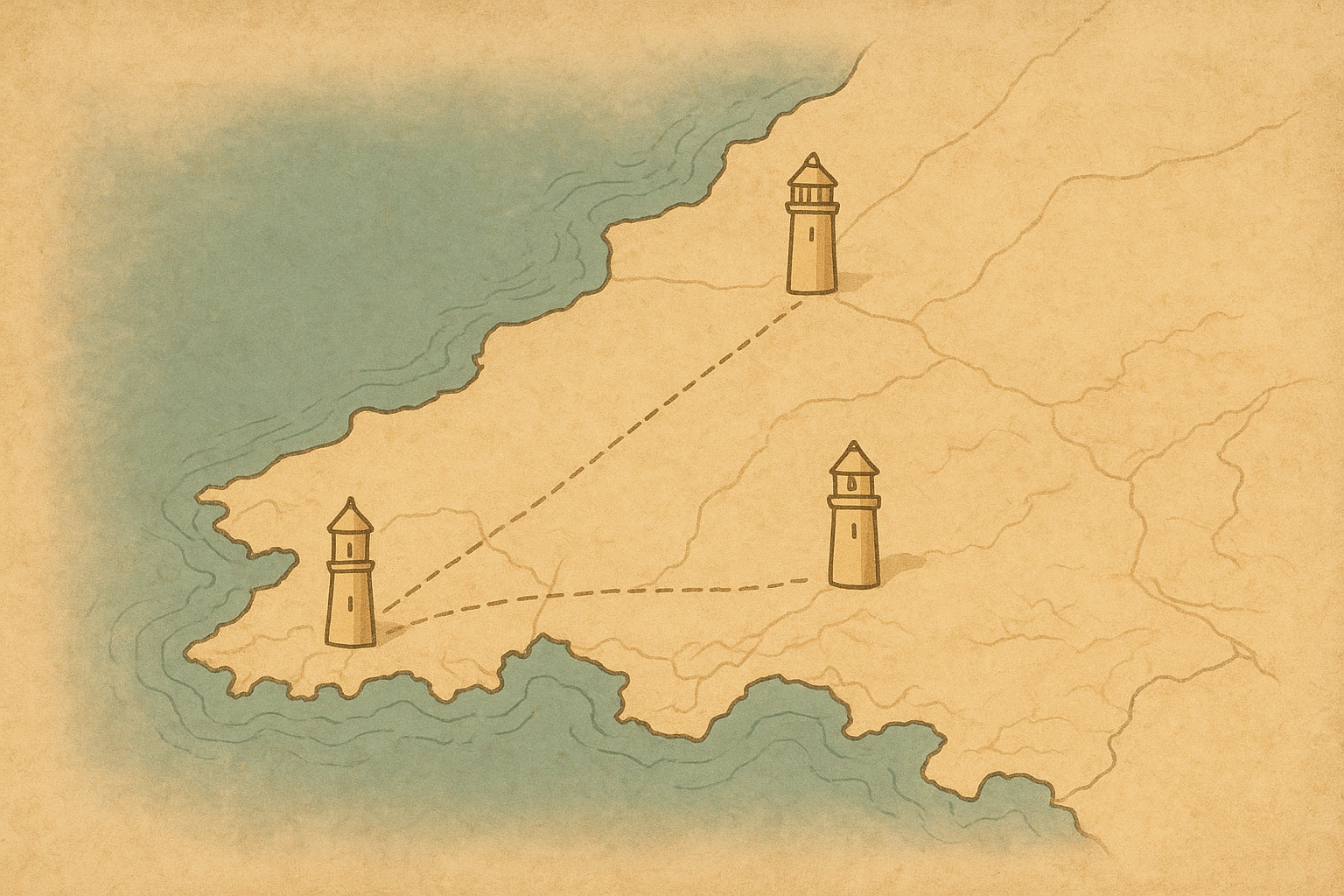 Stylized northern coast map with shoreline contour lines, lighthouse beacon markers, and warm archival cartographic texture