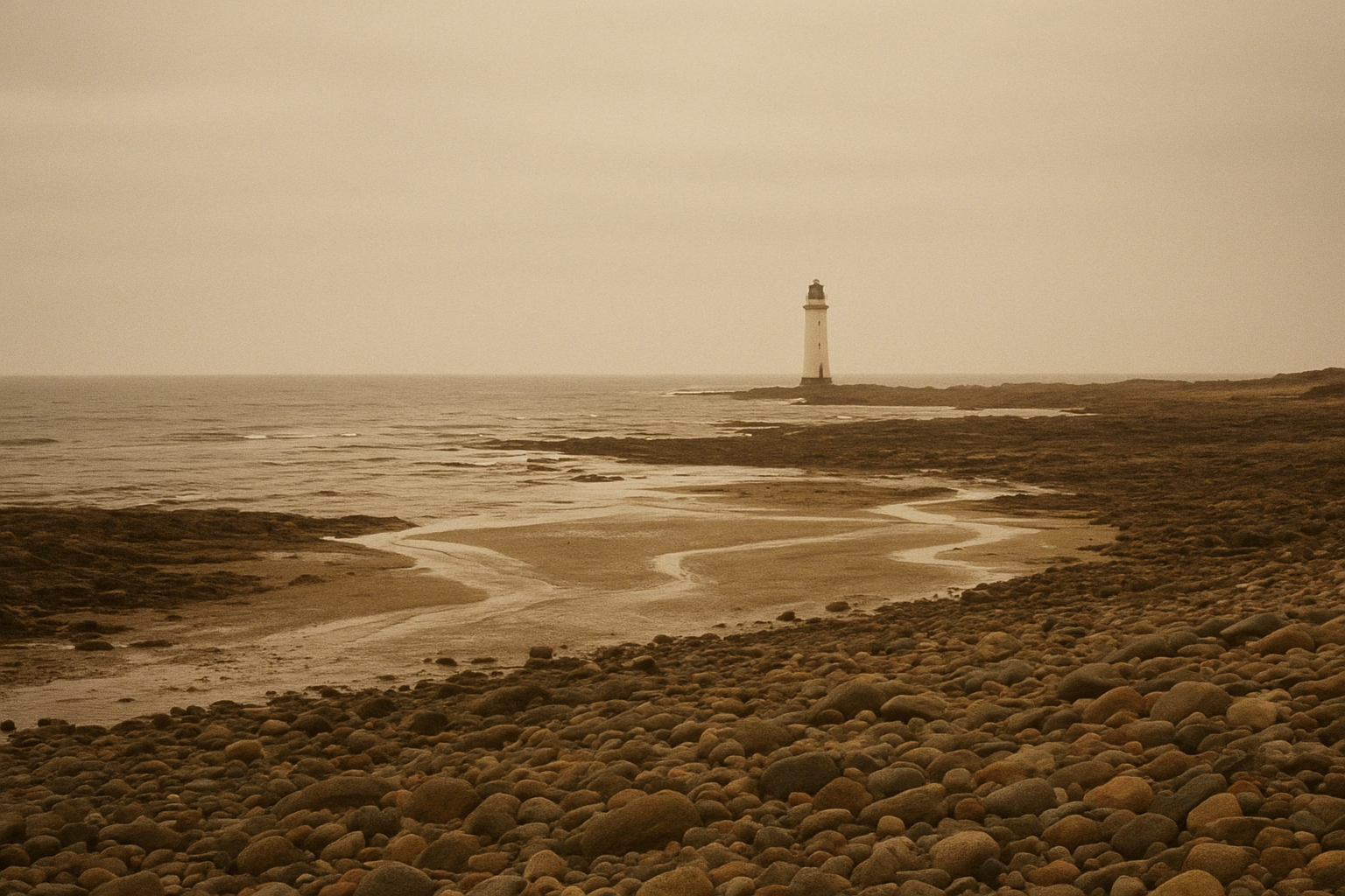 Wide archival coastline photograph with a distant white lighthouse, slate beach, and warm faded film grain