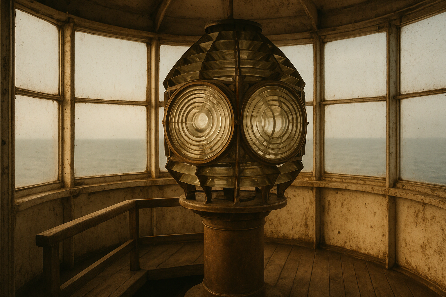Warm film-style view of a lighthouse lantern room with brass lens mechanisms, weathered wood, and sea light through salt-marked glass
