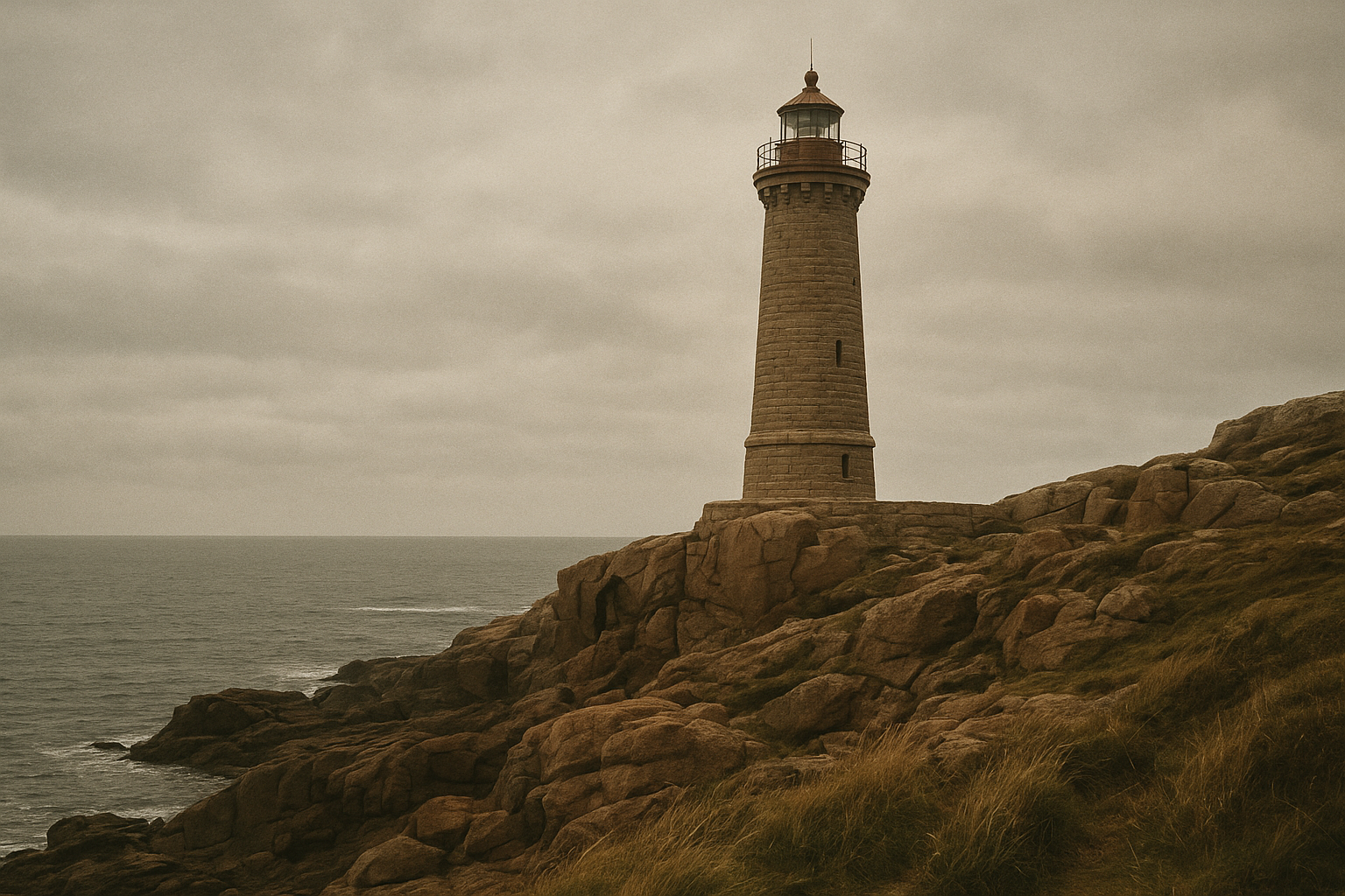Large archival-style photograph of a granite lighthouse on a windswept northern cliff in warm film tones