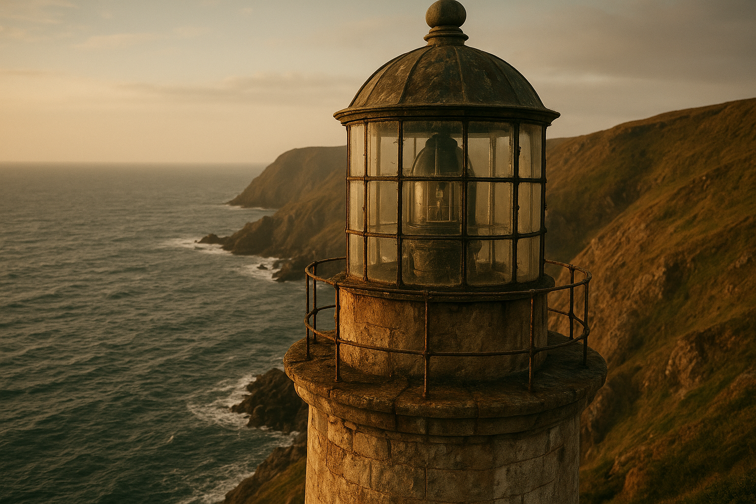 Close view of a preserved stone lighthouse lantern room above a rugged northern coastline at warm late-afternoon light