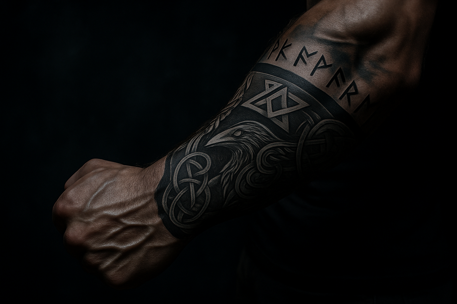 Tattooed arm with bold Norse blackwork and runic symbols