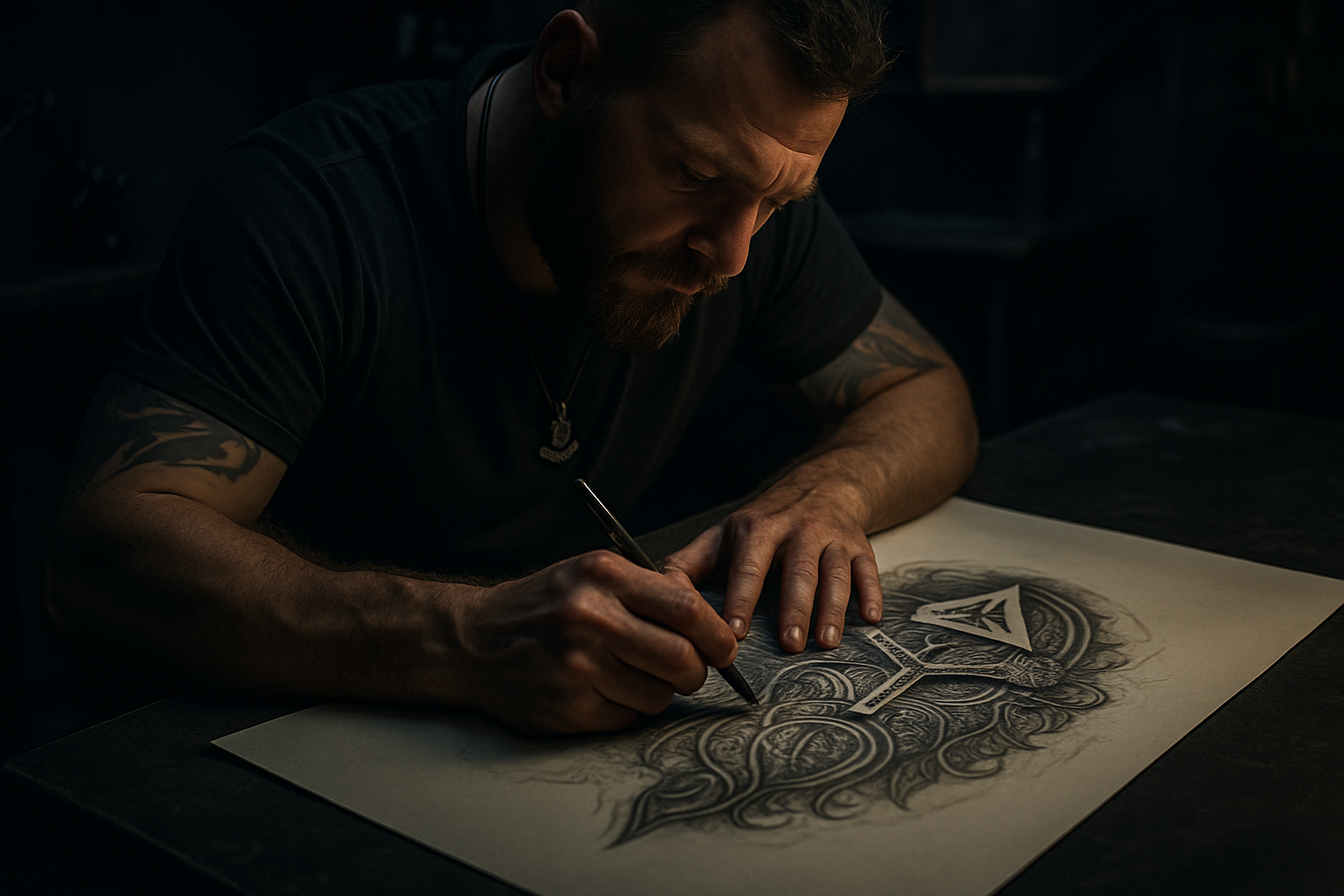 Tattoo artist in a dark studio sketching a Norse-inspired design