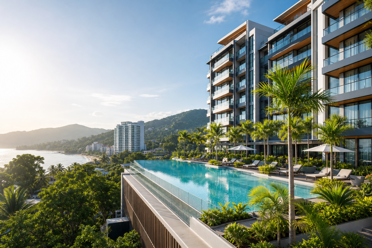 Contemporary Phuket condominium towers with large balconies and landscaped pool deck