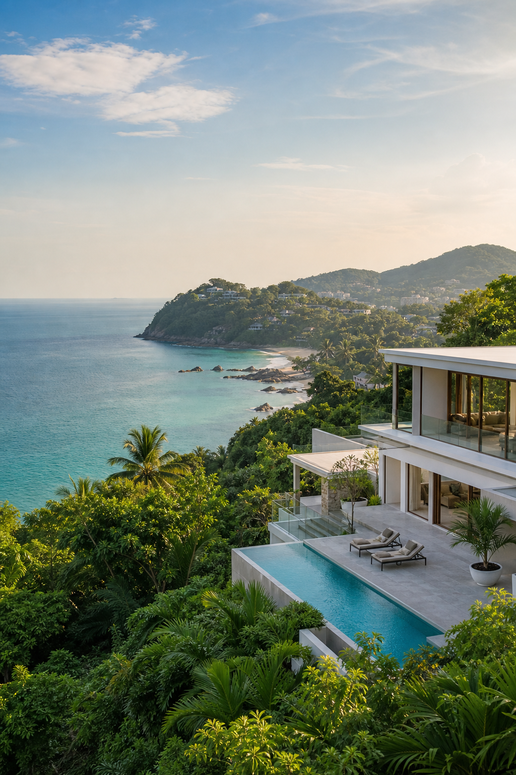 A premium Phuket coastline and hillside villa view with turquoise bay water