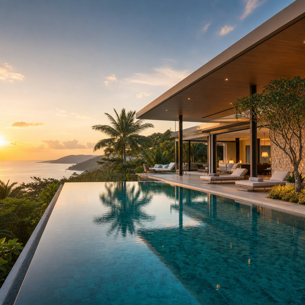 Modern luxury villa in Phuket, Thailand with a clearly visible infinity pool, refined contemporary architecture, tropical landscaping, and an upscale resort-residential atmosphere at golden hour