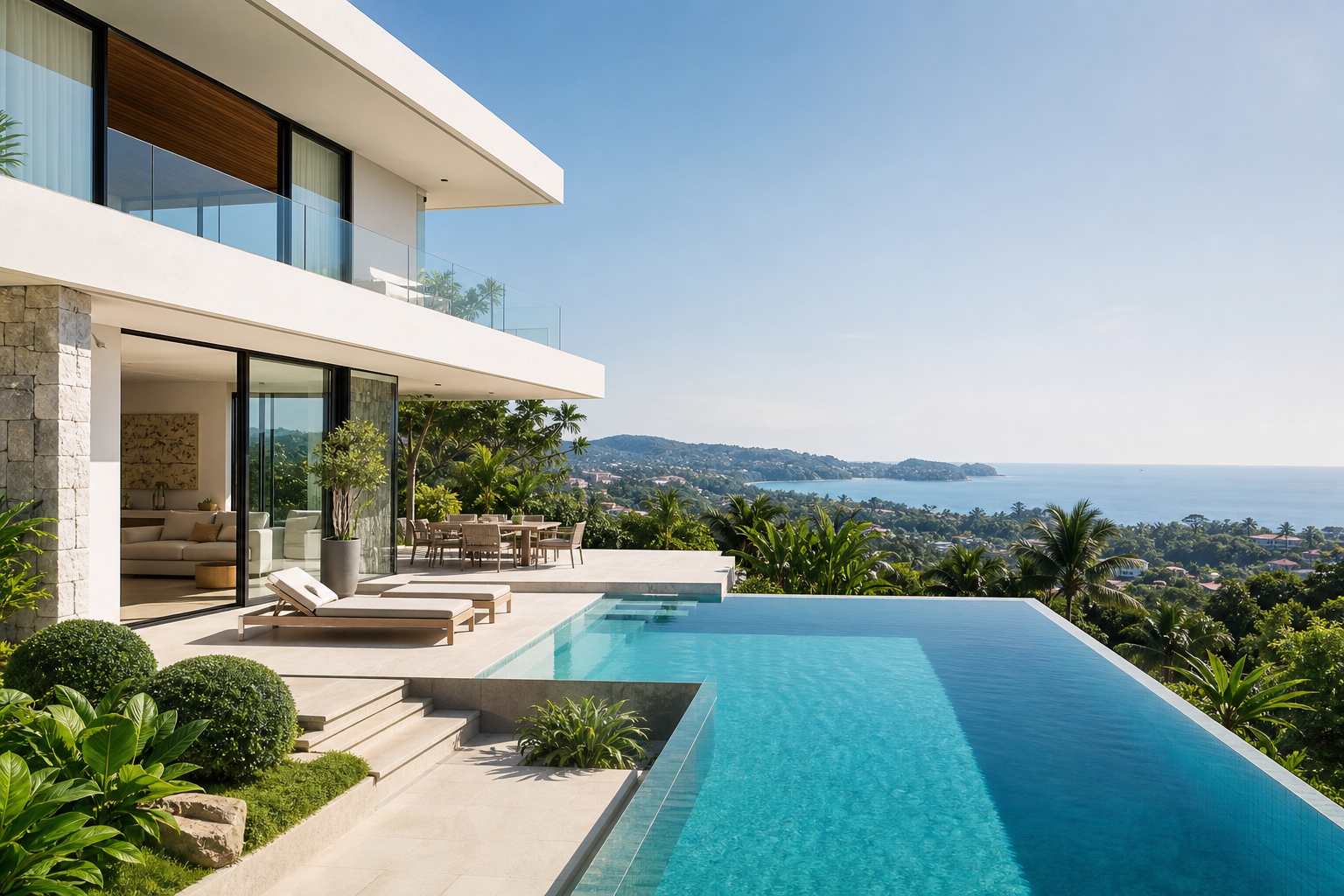 Private Phuket hillside villa with infinity pool, tropical garden, and sea horizon