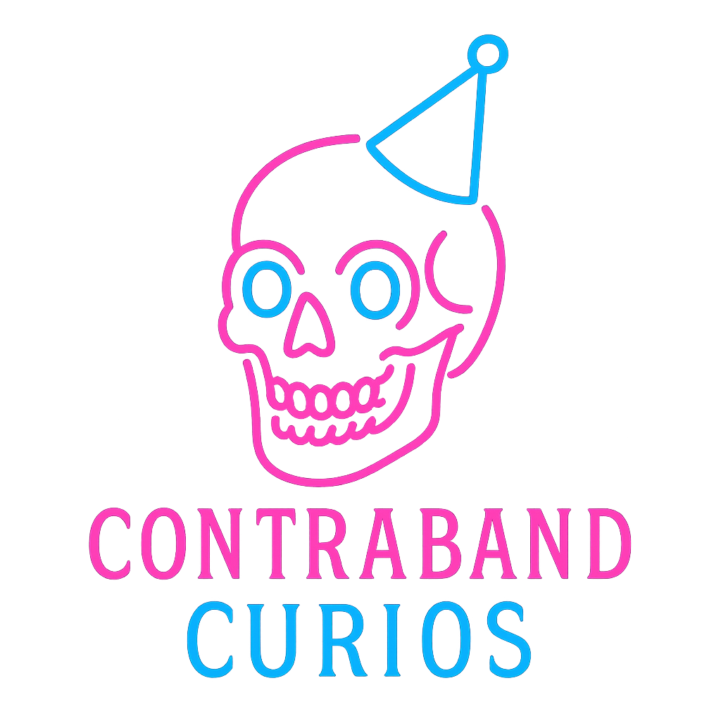 Contraband Curios neon logo: grinning skull with glowing eyes and party hat