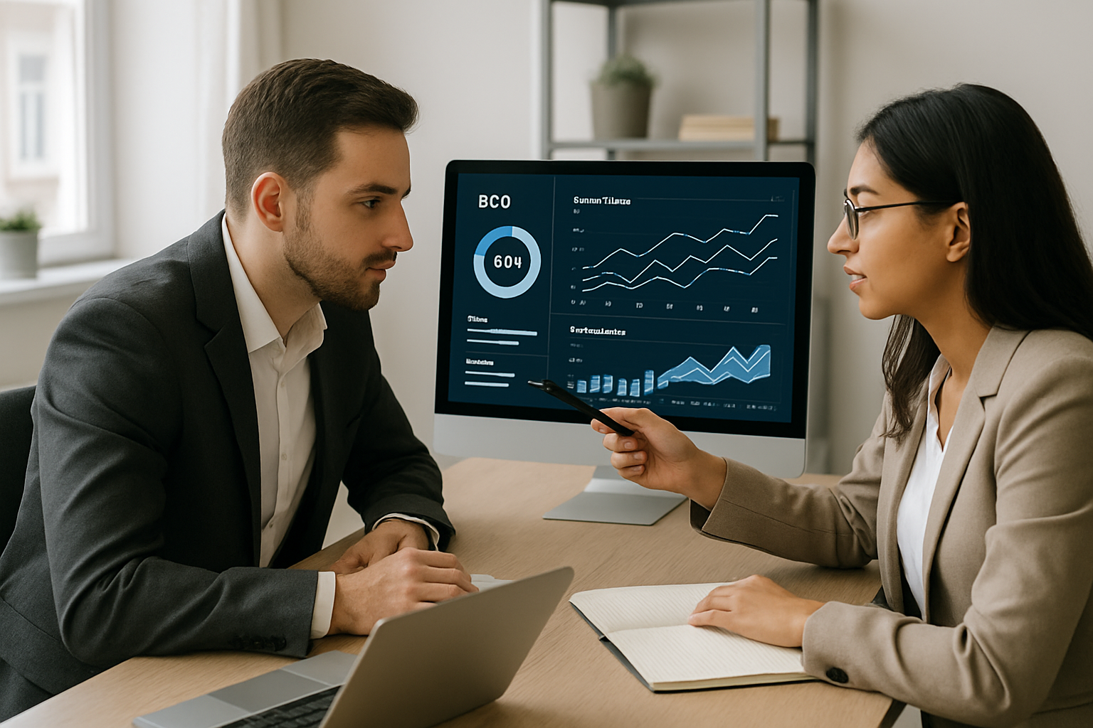 Professional digital marketing team reviewing SEO analytics dashboards in a clean modern workspace