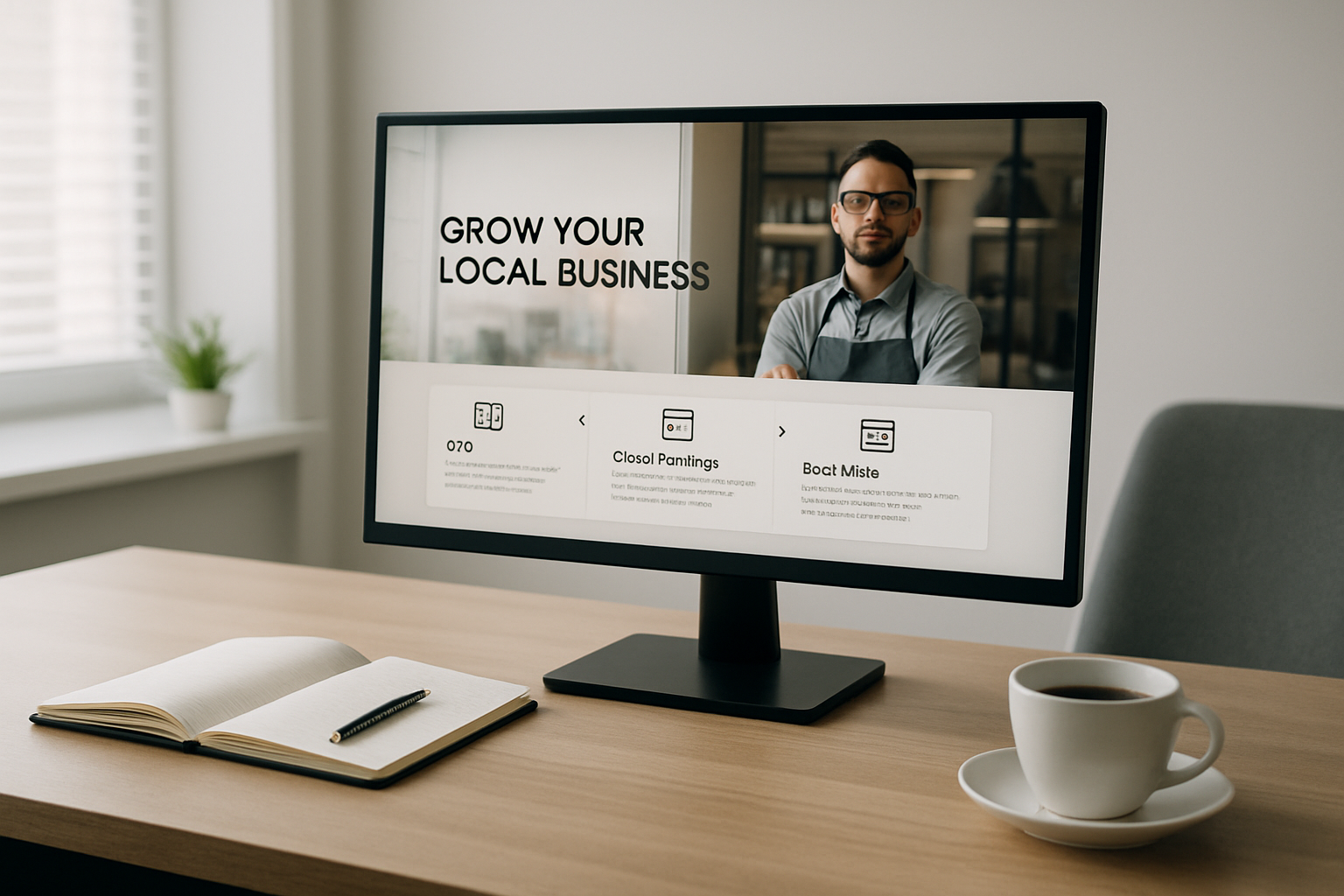Clean workspace with a desktop monitor showing a professional local business website design, with a notebook and coffee on the desk