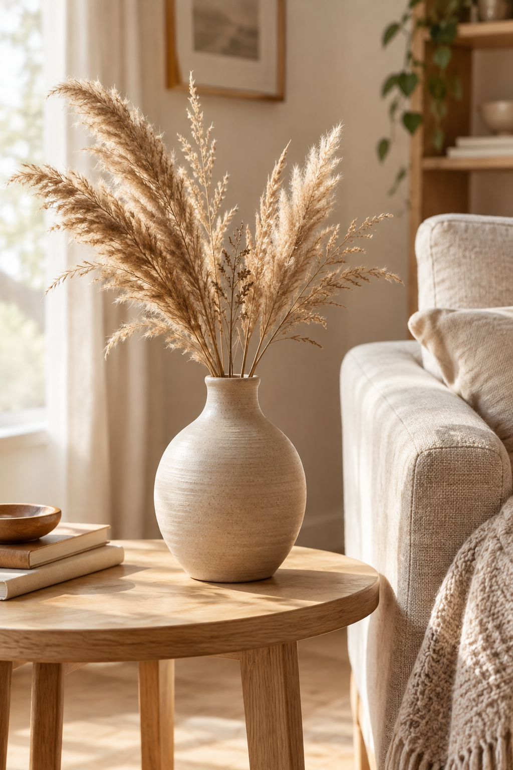 Hand-thrown ceramic vase with dried stems on a light wood side table in a cozy neutral living room