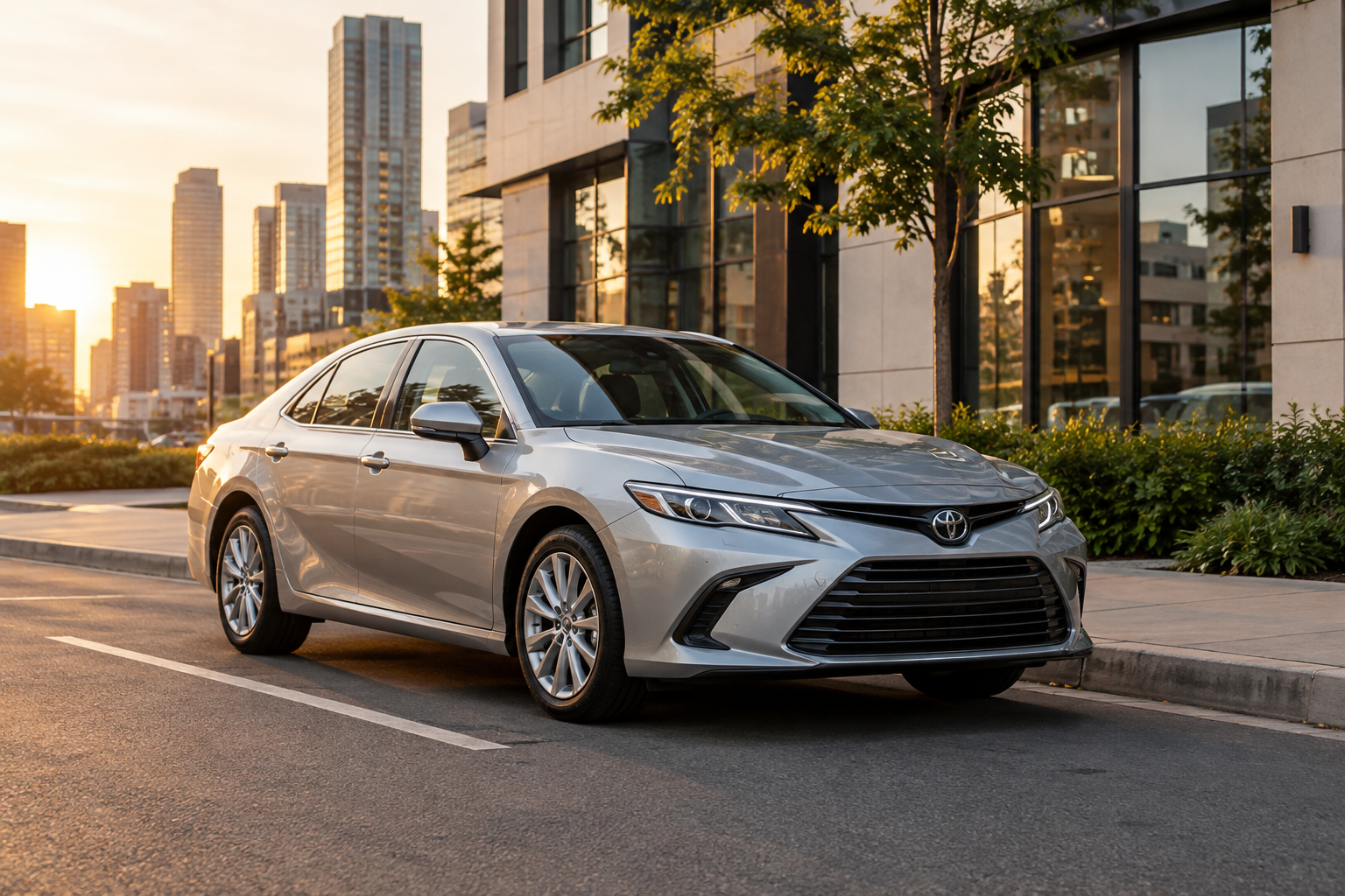 Modern silver sedan parked near a clean city street at golden hour with soft reflections and realistic urban detail