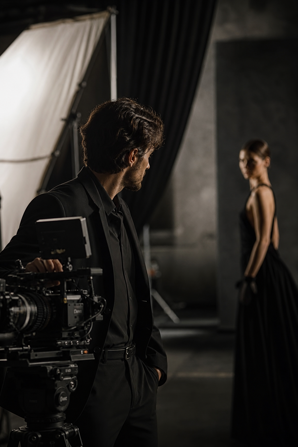 Cinematic behind-the-scenes portrait of a director-photographer shaping light on a fashion set