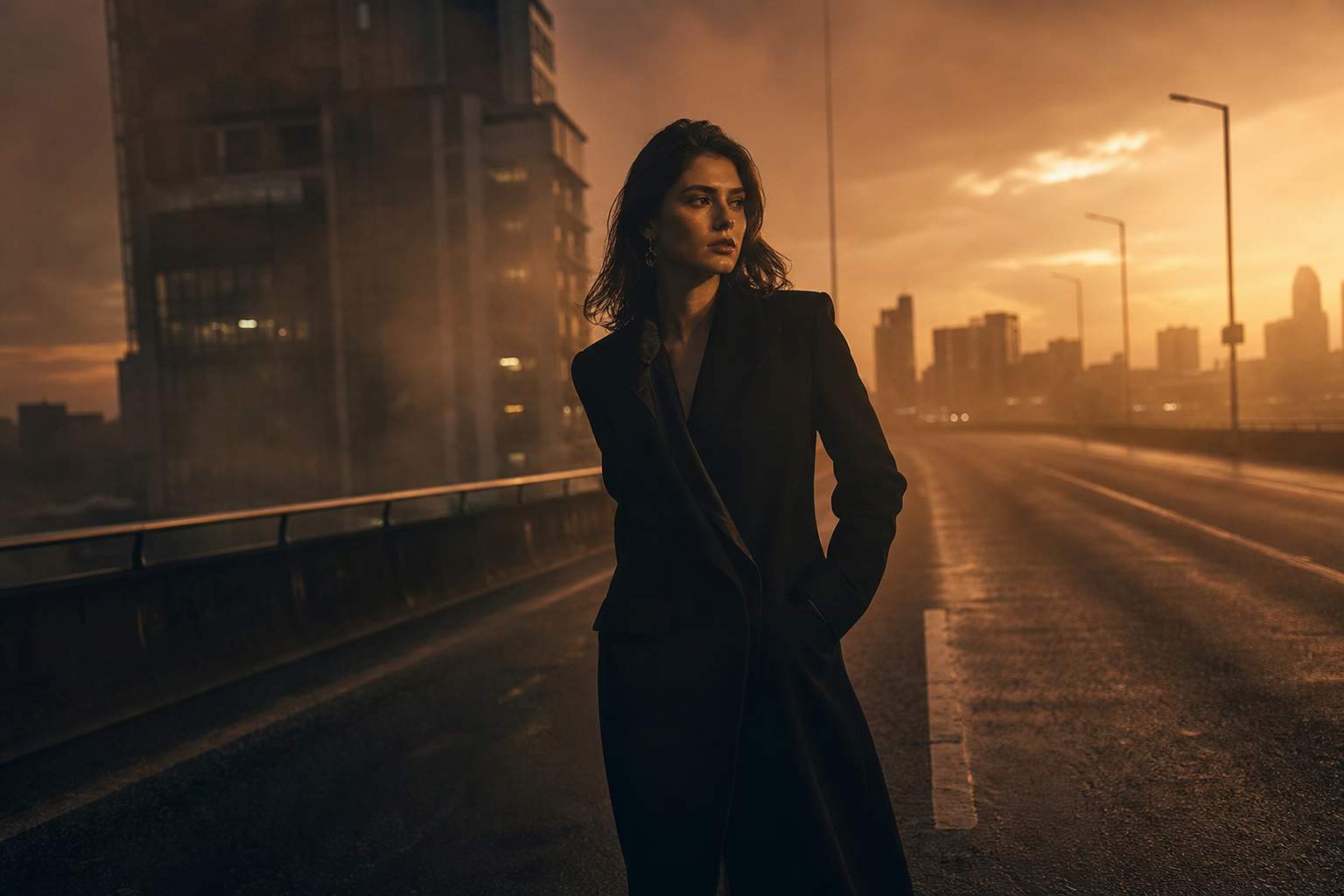 Cinematic still of a female lead in a black tailored coat walking through amber haze at dusk on an empty urban overpass, widescreen composition with dramatic contrast