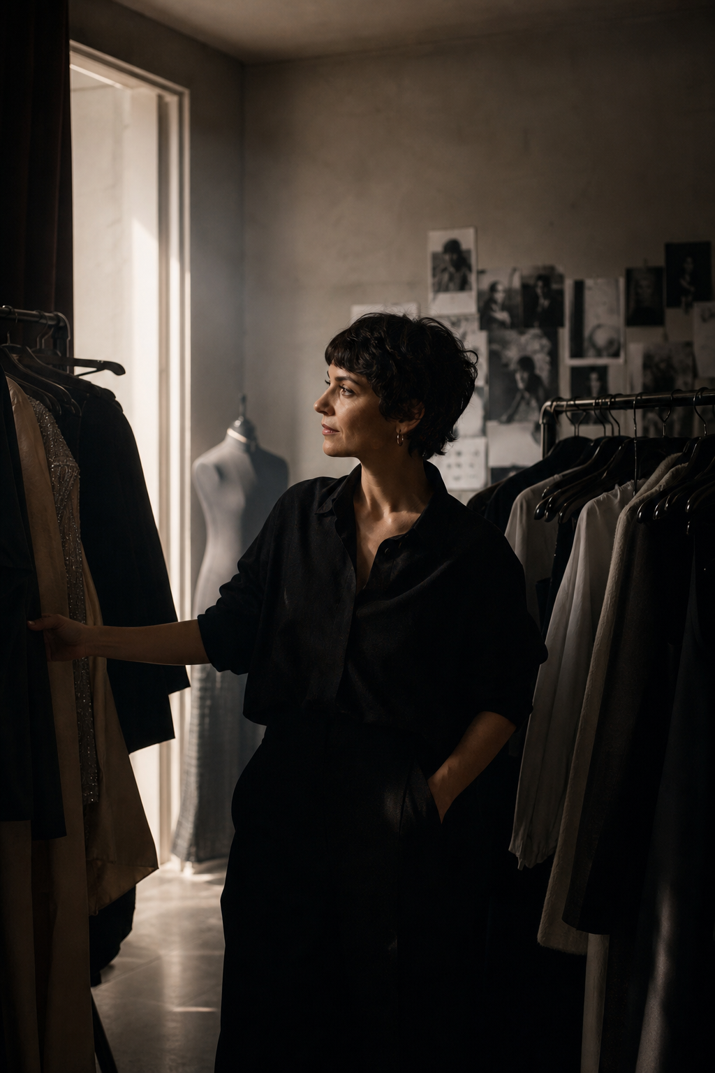 Backstage portrait of a stylist in soft side light between garment racks