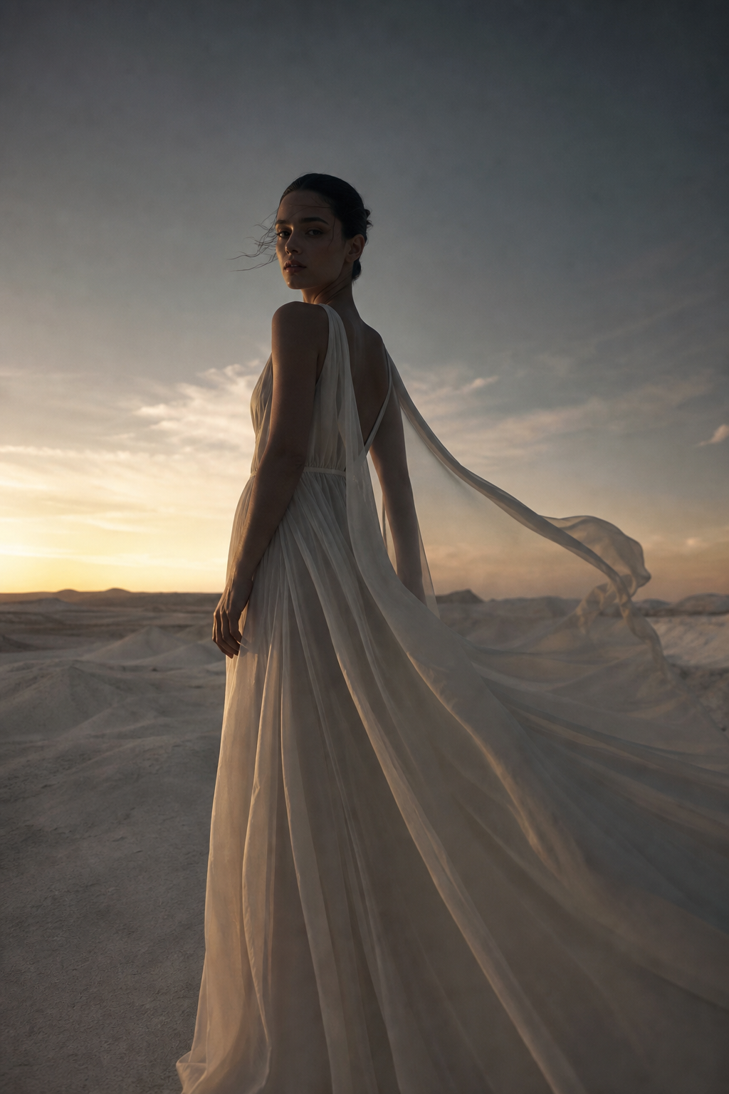 Stylized dawn scene with subject in flowing dress against a pale desert horizon