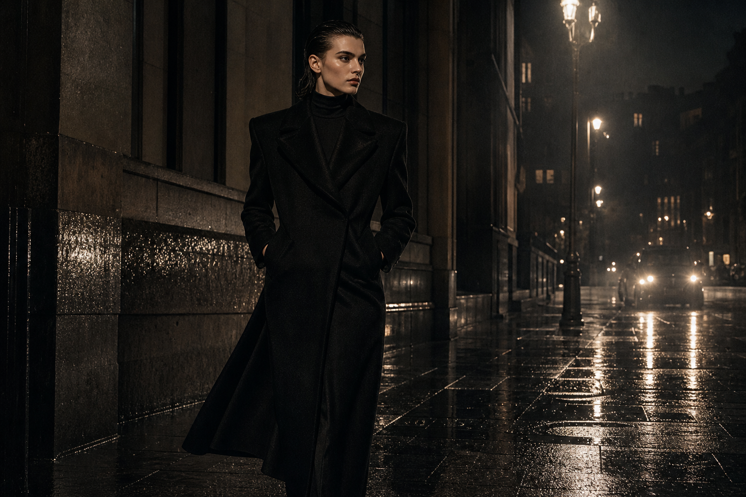 Model in a black tailored coat walking through a wet street under cinematic night lighting