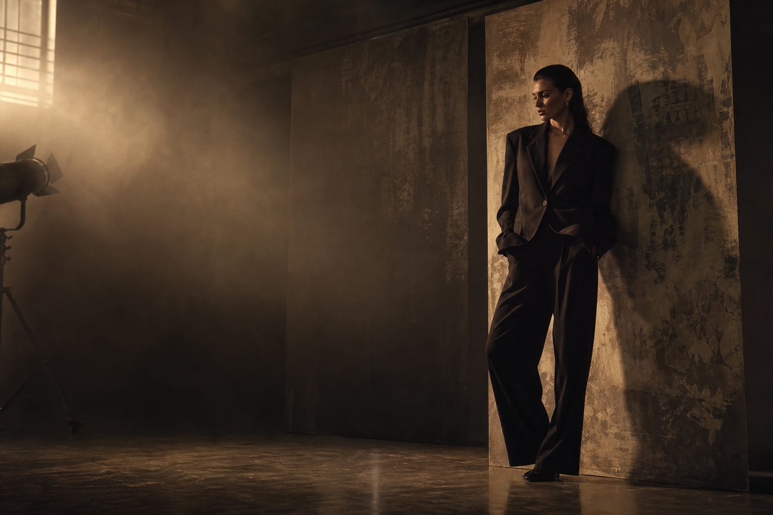 Moody high-fashion cinematic production still with rich shadows, elegant composition, and atmospheric studio lighting
