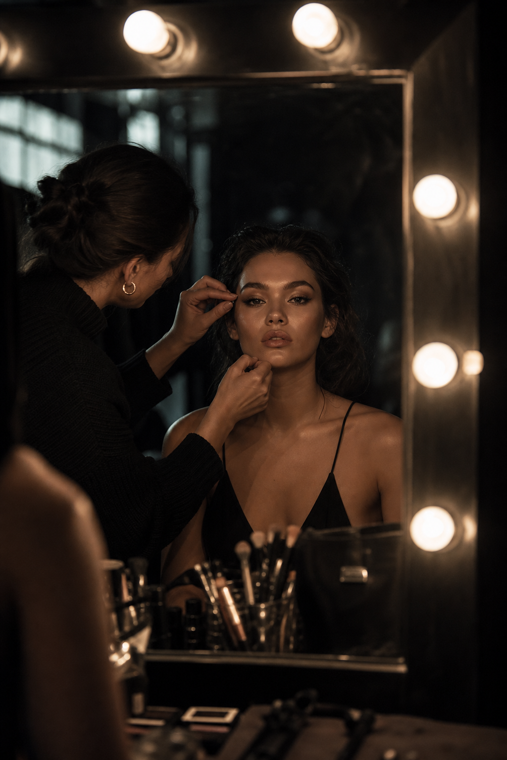 Backstage mirror scene with makeup artist hands and reflected face in warm practical light