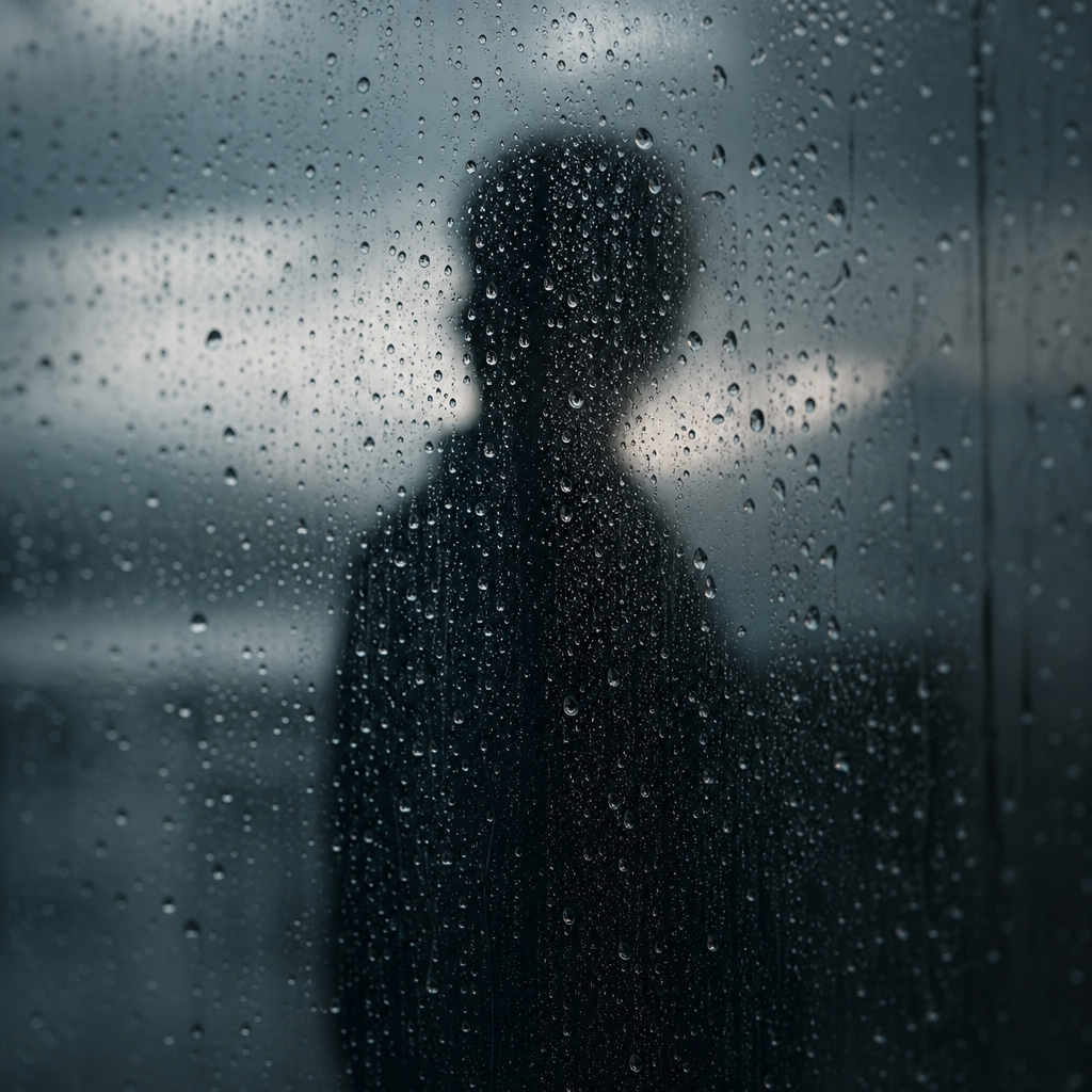 Close-up of raindrops on window glass with a blurred silhouette beyond