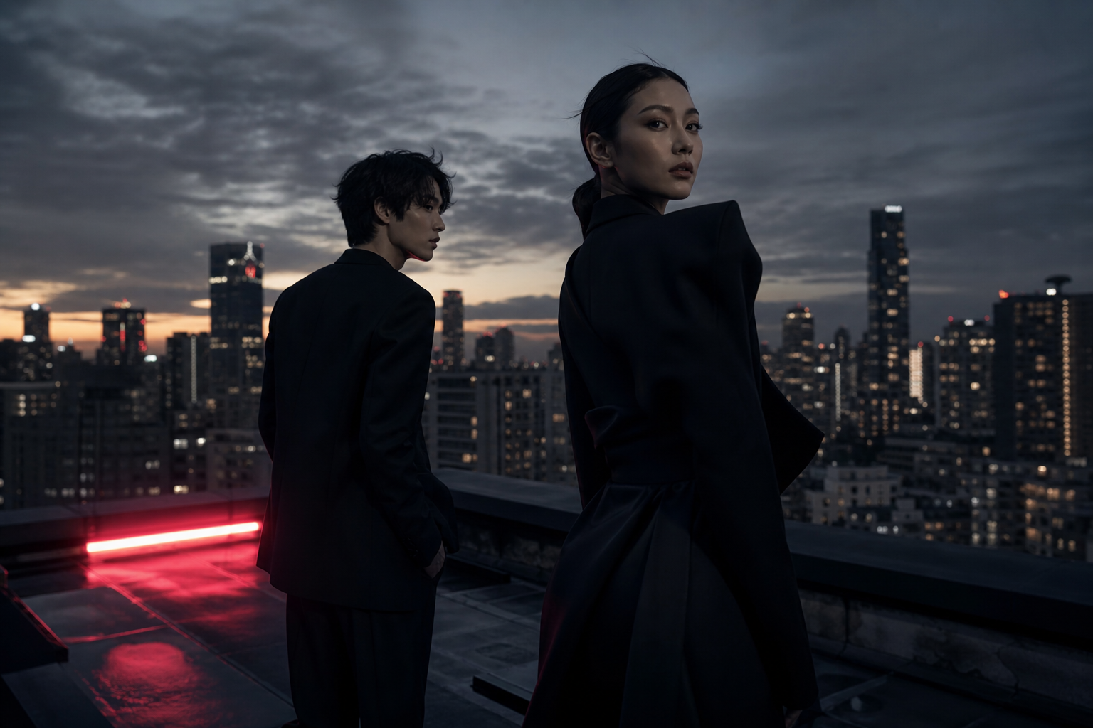Two models posed on a rooftop at dusk with muted neon reflections and haze