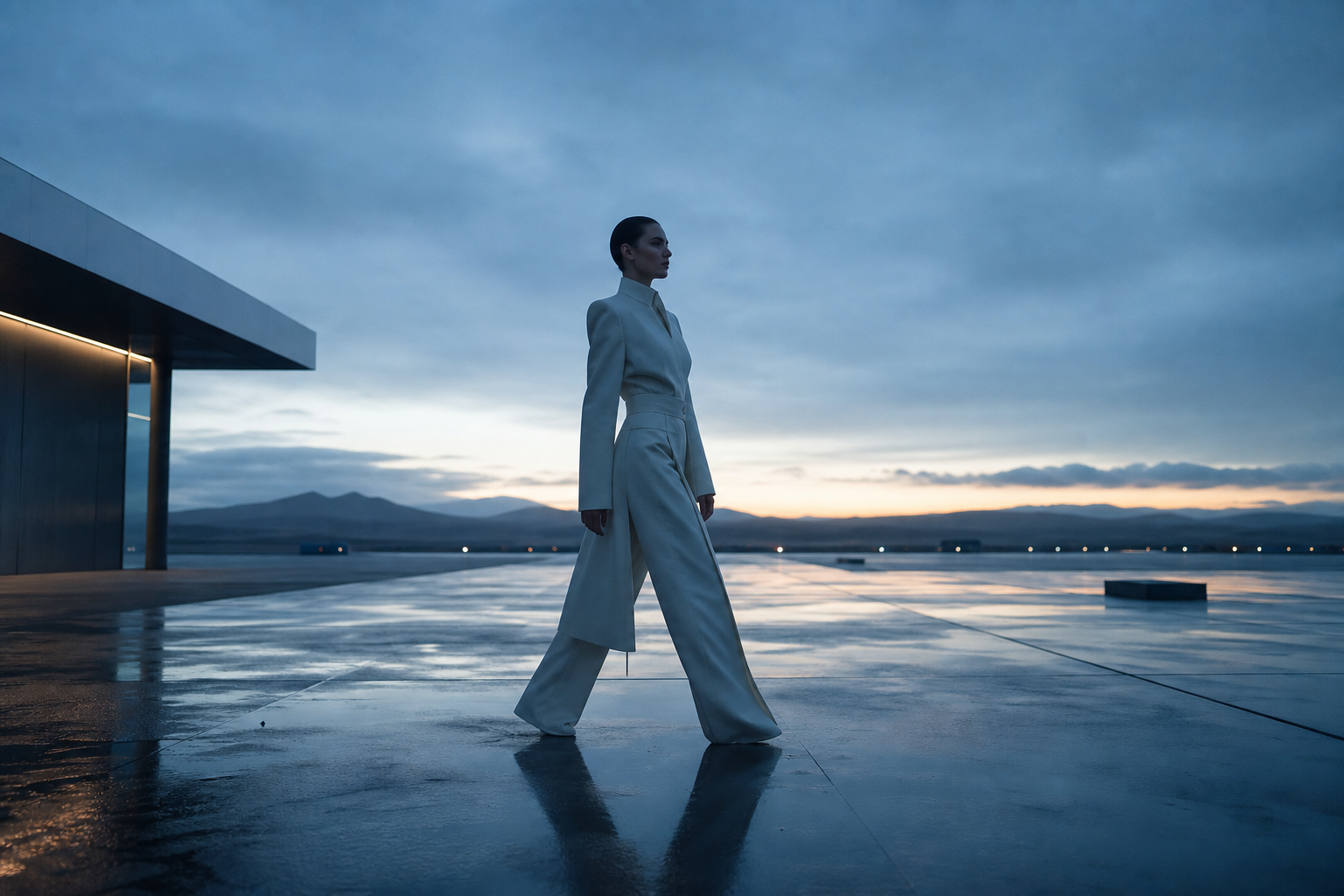 Wide cinematic runway scene at first light, model in structured ivory silhouette crossing reflective concrete with cool blue dawn tones