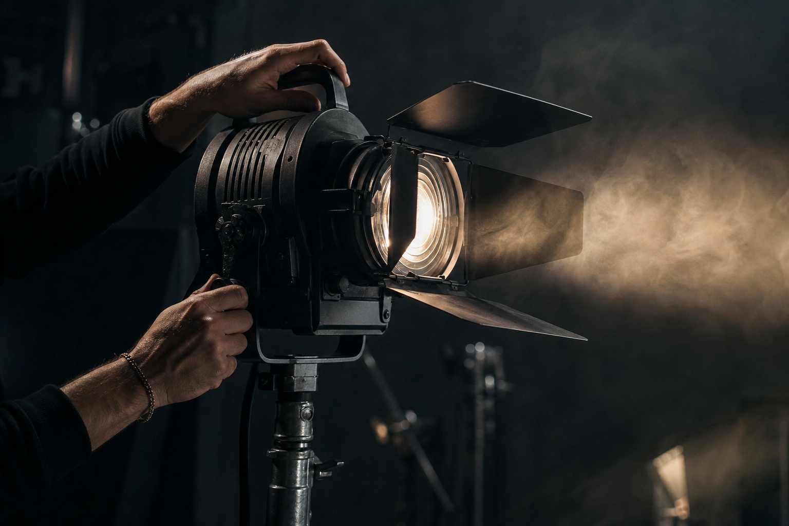 Lighting technician adjusting a fresnel lamp on set with cinematic haze