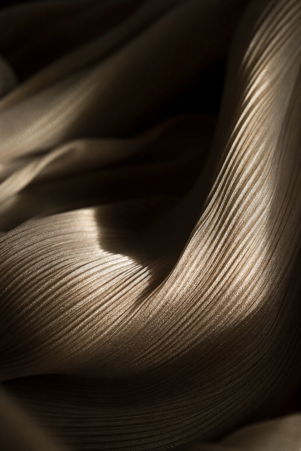 Atmospheric close-up of pleated silk fabric catching a narrow beam of light