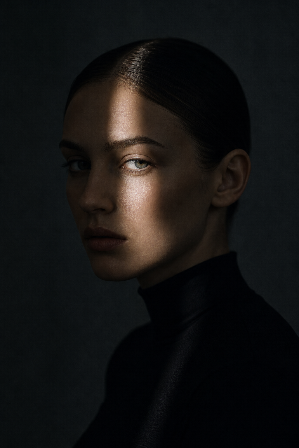 Studio profile portrait with sharp shadow split across the subject’s face