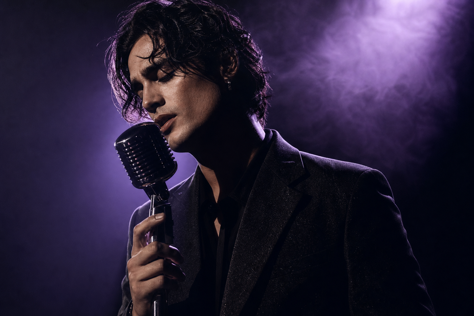 Portrait-oriented cinematic scene with a male vocalist under violet stage haze, chrome microphone and moody shadow gradients, refined editorial lighting