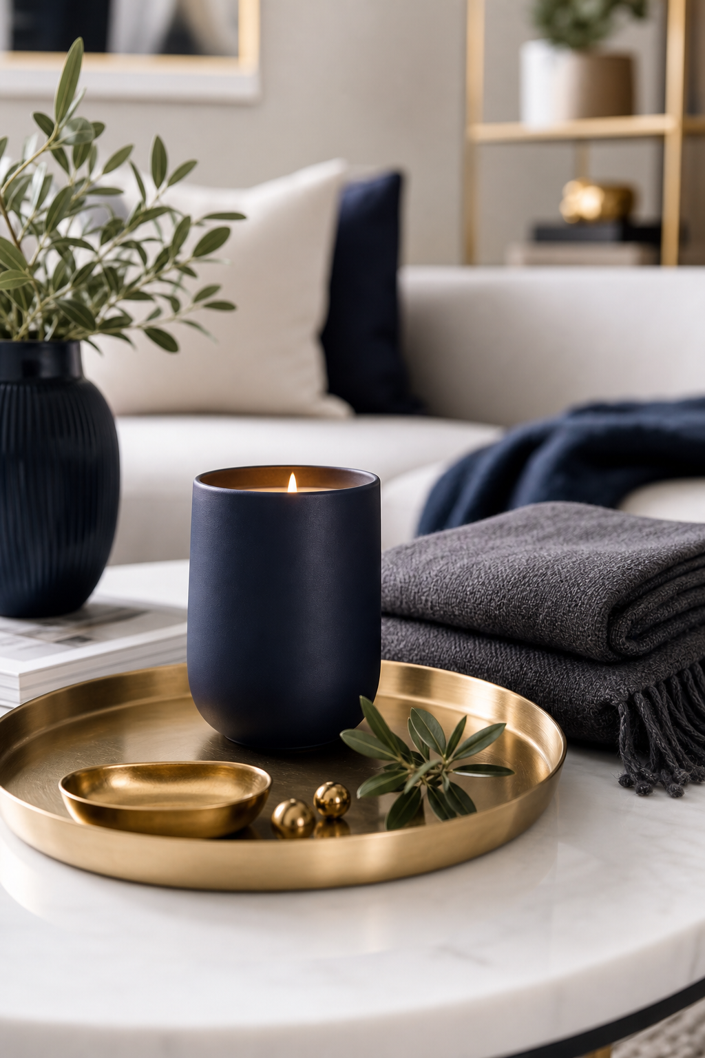 Premium lifestyle setting with a navy ceramic candle, charcoal linen throw, and brushed gold accents on a clean white coffee table in soft natural light