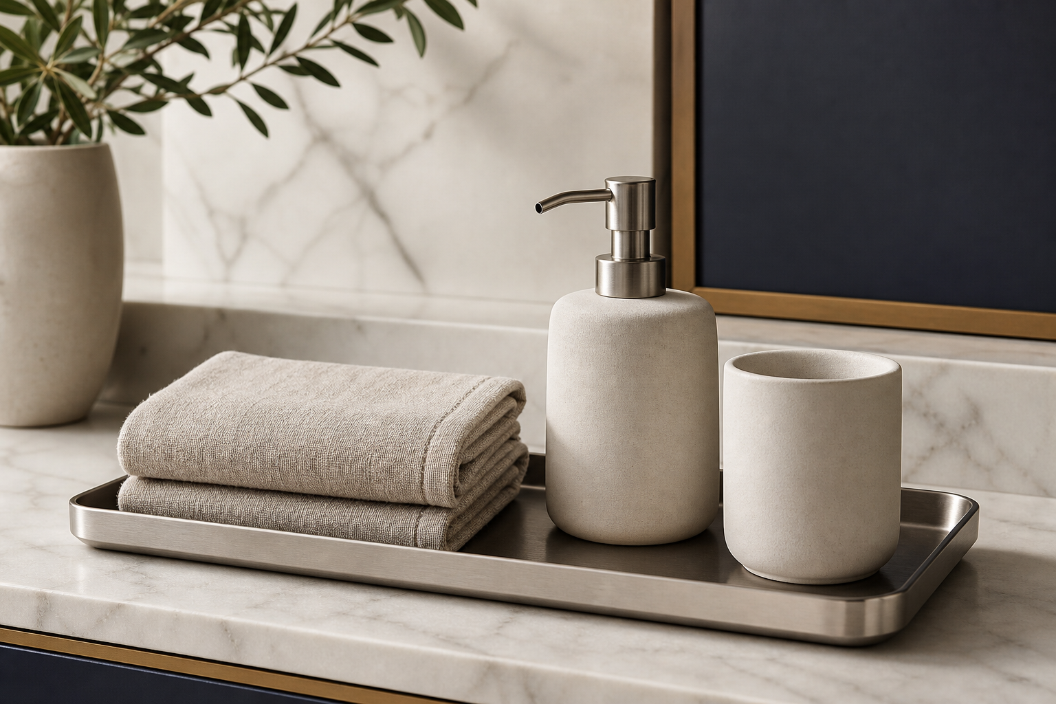 Warm neutral-toned home essentials on a marble counter, featuring a linen towel, ceramic soap dispenser, and brushed steel tray