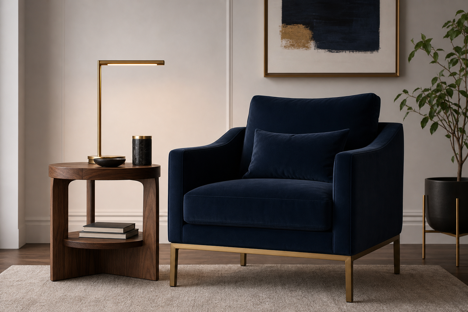 Minimalist living room scene with a navy accent chair, walnut side table, and soft ambient lighting