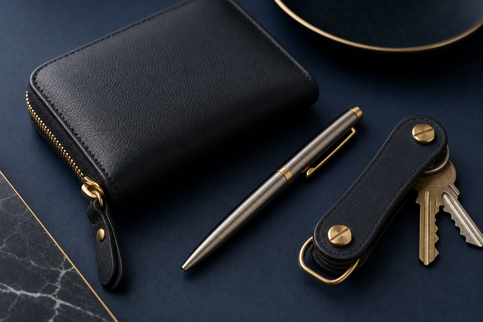 Close-up of a gold-accented leather wallet, pen, and key organizer on a dark navy surface