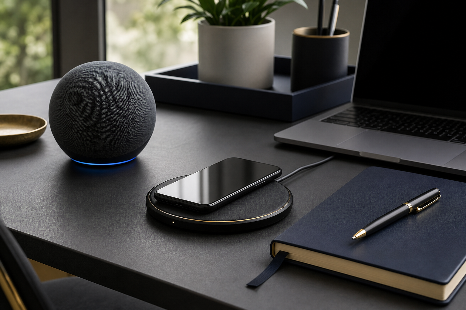 Contemporary workspace with a compact smart speaker, wireless charger, and sleek notebook on a charcoal desk
