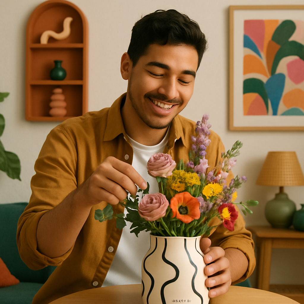 Carlos R. arranging flowers in a Vase Boutique vase