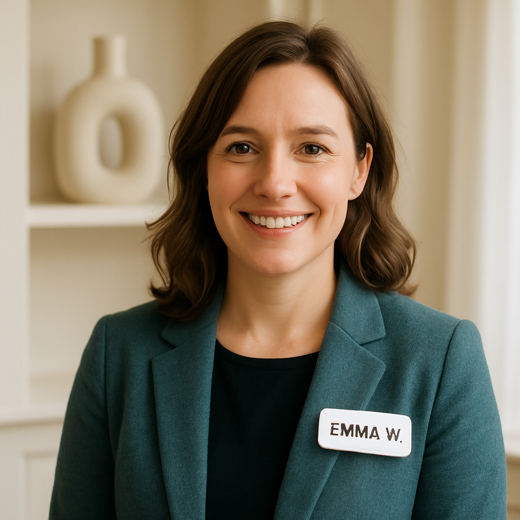 Emma W. smiling with a vase on her shelf