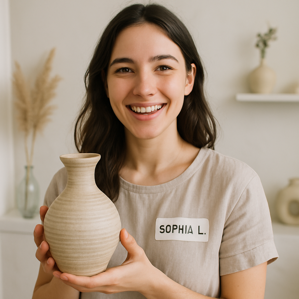 Sophia L. holding a handmade vase and smiling