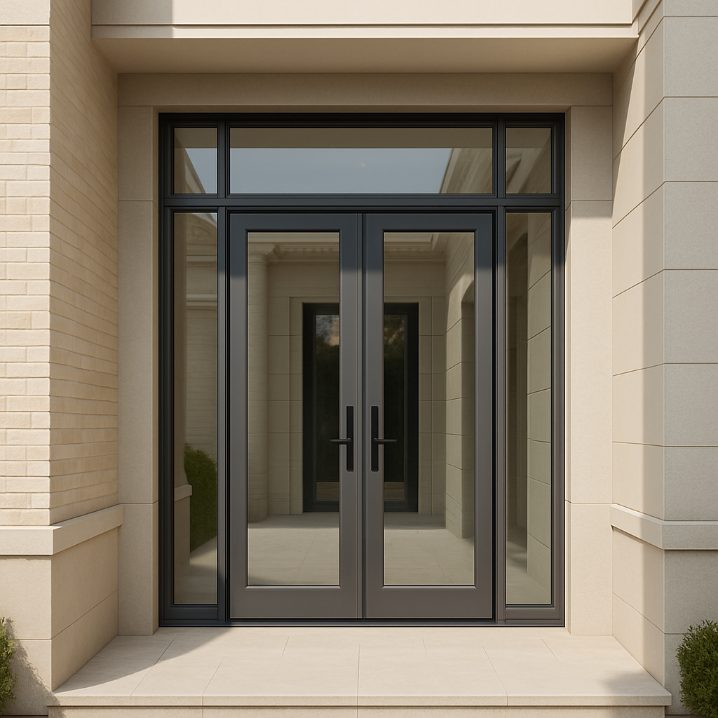 أبواب ألمنيوم خارجية بلون فضي مع زجاج مقسّى لمبنى إداري