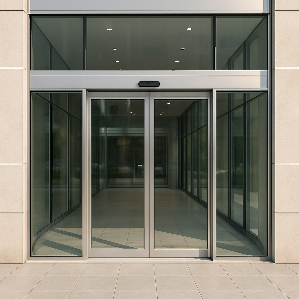أبواب زجاجية أوتوماتيكية لمركز تسوق مع إضاءة داخلية