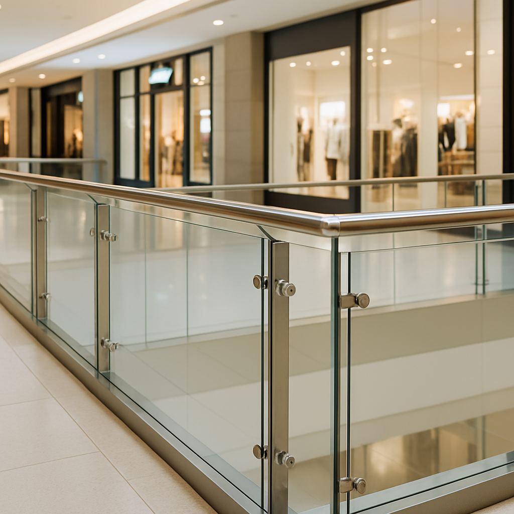 دربزين زجاجي شفاف مع يد من الألمنيوم على درج داخلي