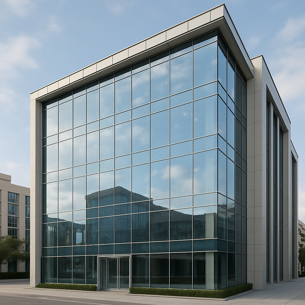واجهة زجاجية حديثة لمبنى تجاري بواجهات شفافة وإطارات ألمنيوم داكنة