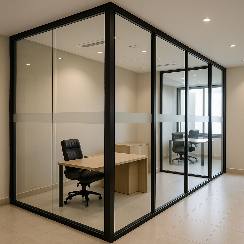 قواطع مكاتب زجاجية بإطارات سوداء داخل مساحة عمل عصرية