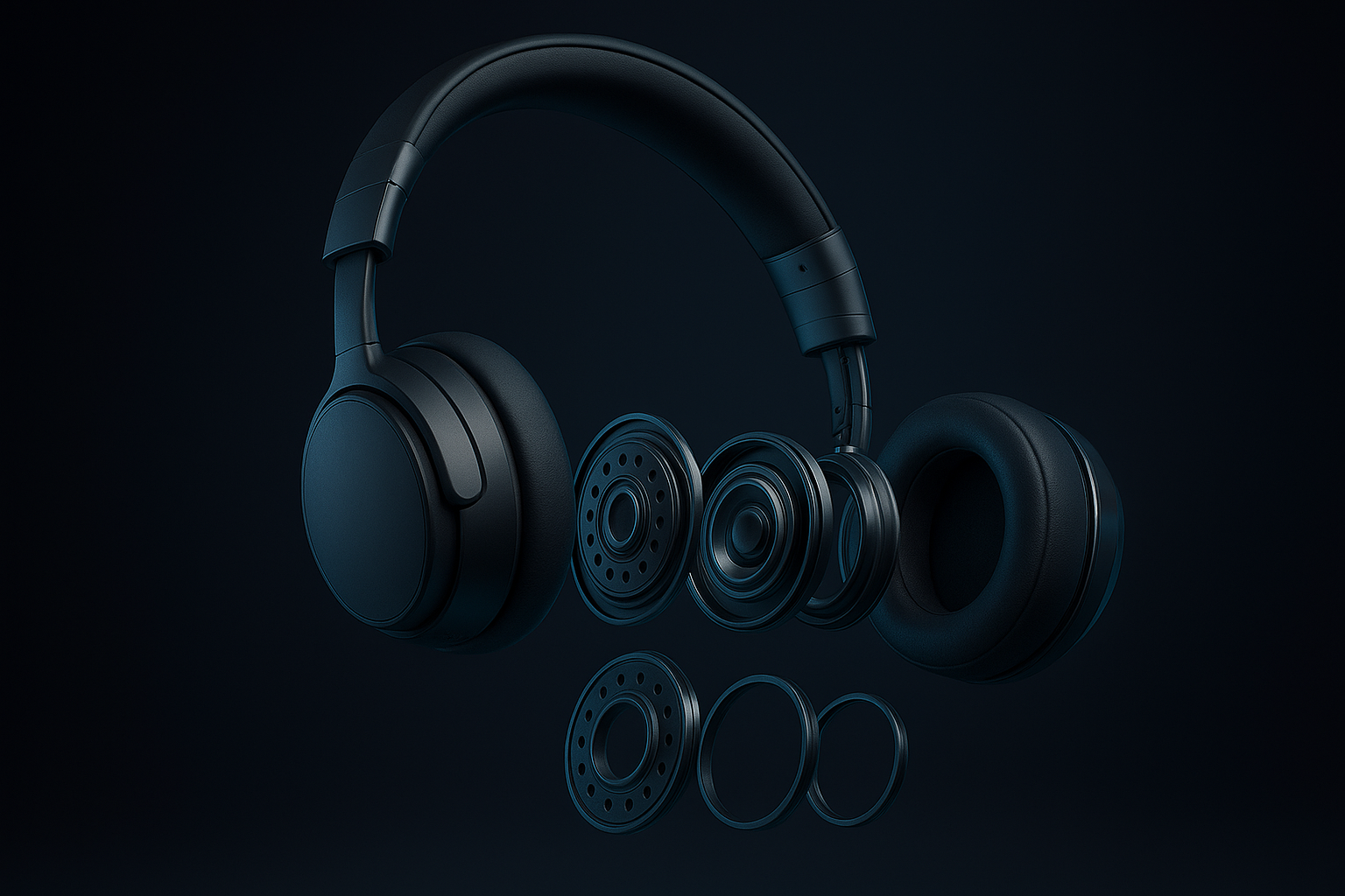 Exploded over-ear headphones render showing internal acoustic chamber rings and driver assembly in graphite metal