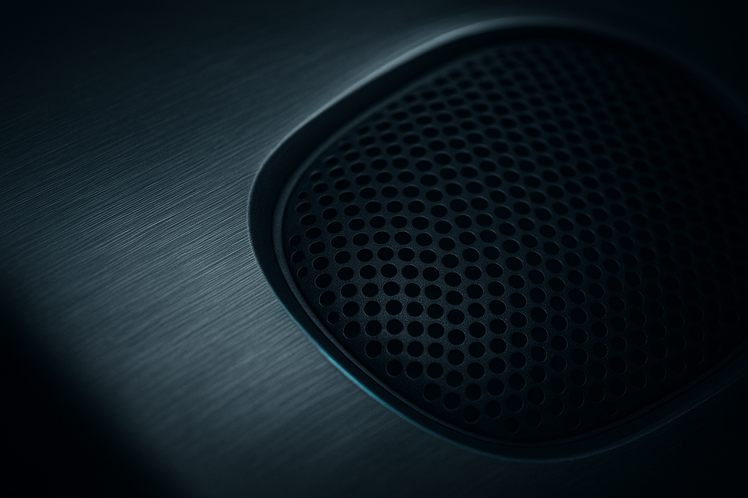 Macro material scene of smart device shell with metallic micro-perforated mesh and reflective finish