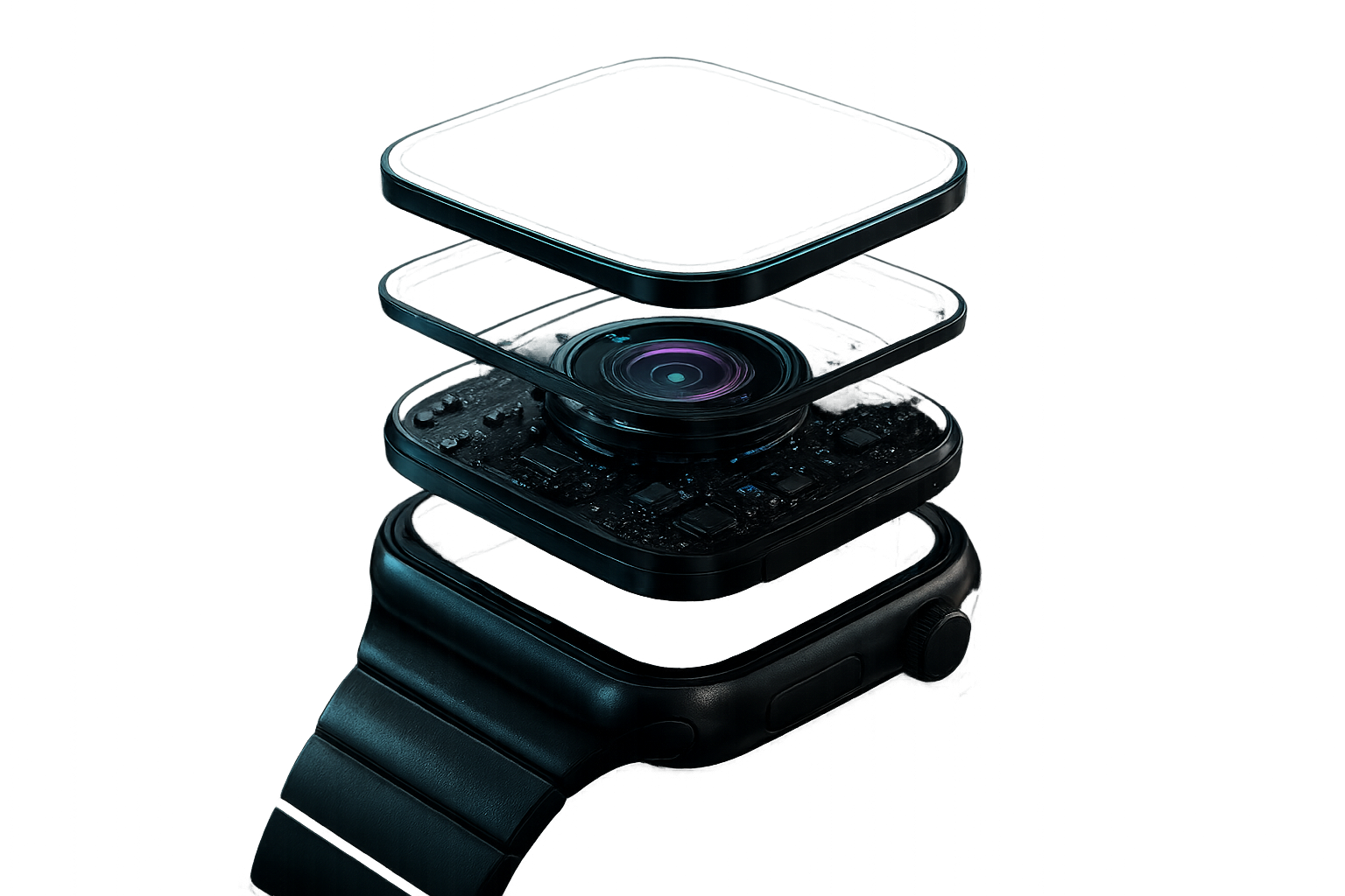 Futuristic smartwatch exploded render with circular sensor stack and transparent sapphire layers