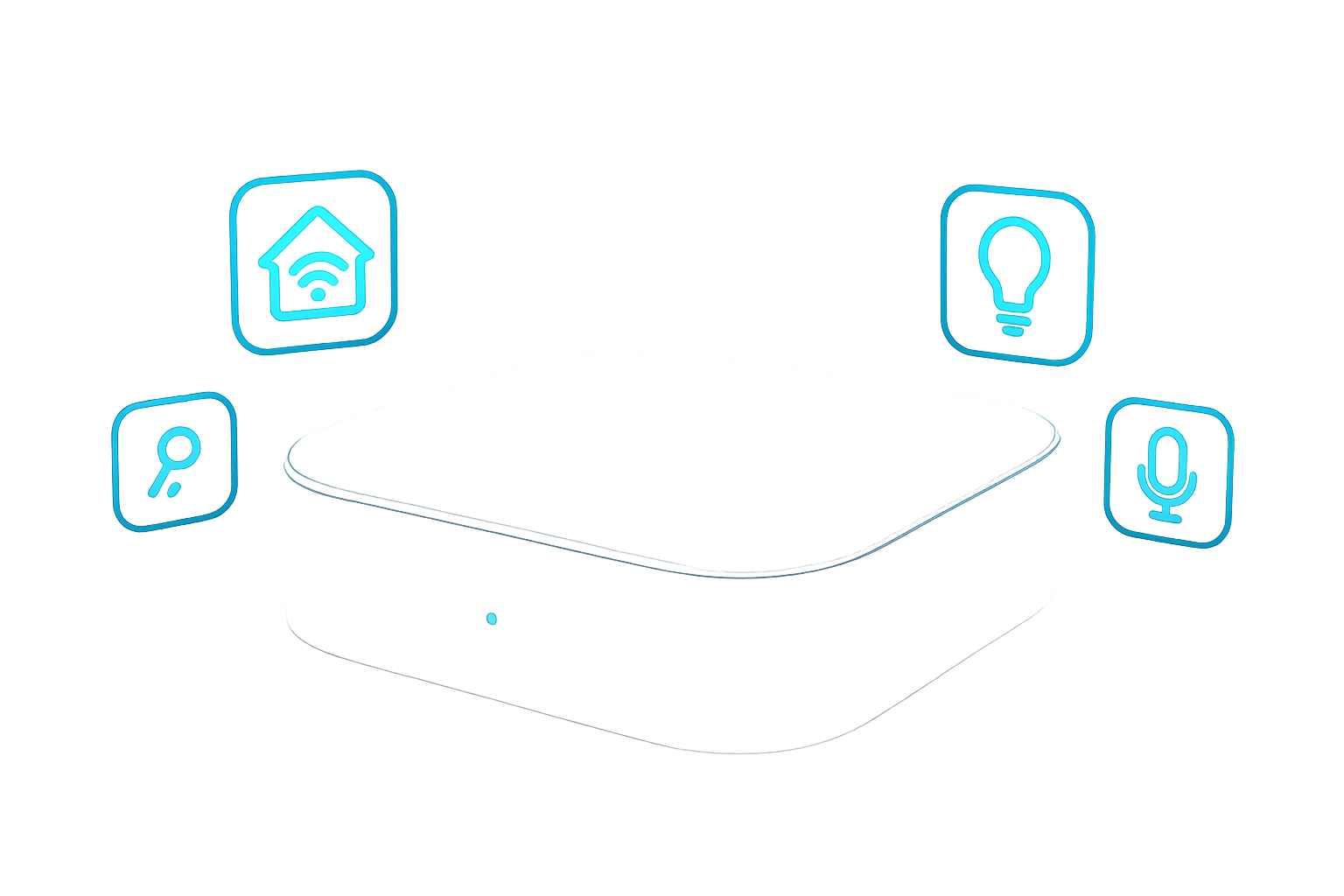 Compact smart home hub with matte slate body and floating holographic interface icons in a dark environment